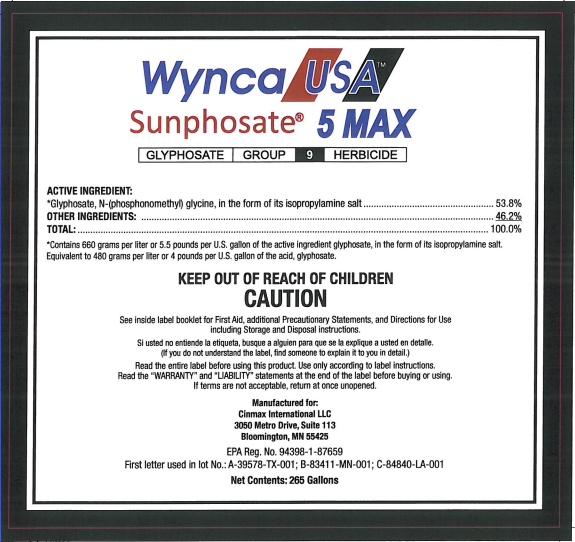 A picture of the wynca sunphosate 5 max label.